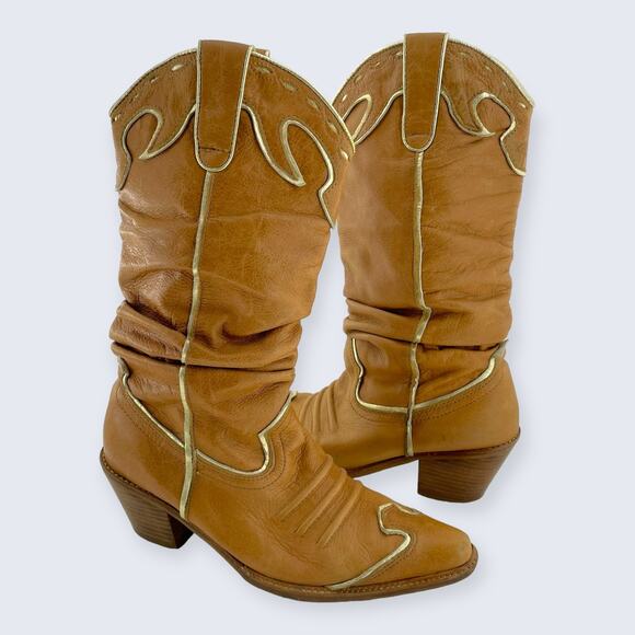 Naona Nana? Light Brown Leather Tall 2.5" Stacked Heel Western Cowgirl Boots 7.5 - Picture 1 of 10